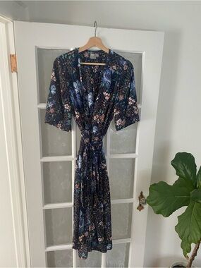 ASOS Navy Blue Floral Wrap Midi Dress with Tie Waist